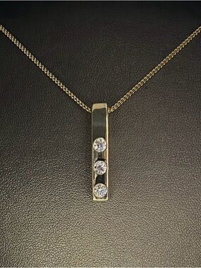Gold Bar Pendant Necklace with Three Diamonds - Women's Jewelry